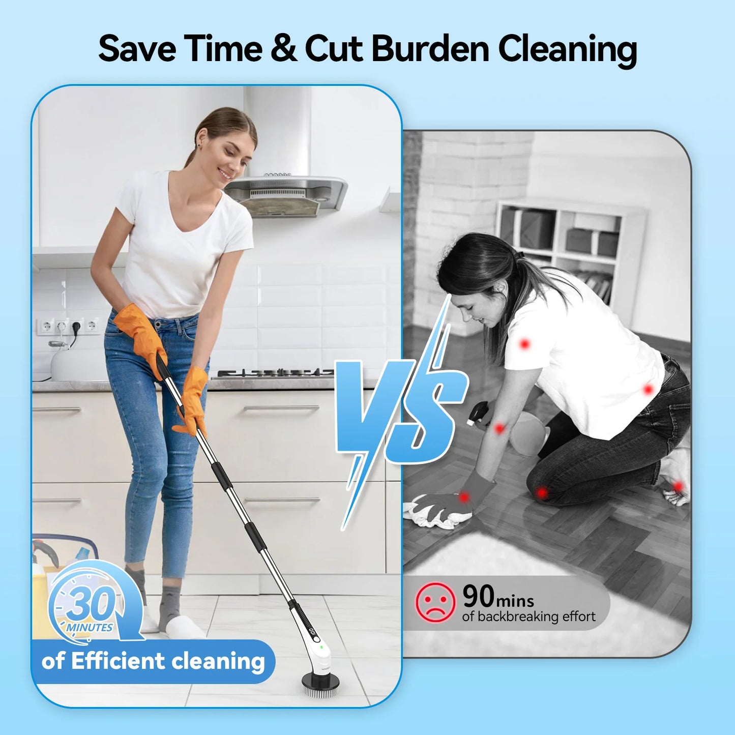 Windele Electric Spin Scrubber, IPX8 Waterproof Cordless Cleaning Brush Scrubber with Power LCD Display, 10-in-1 Brush Heads- 4-Section Handle Electric Cleaning Brush for Bathroom, Tub, Floor, Car