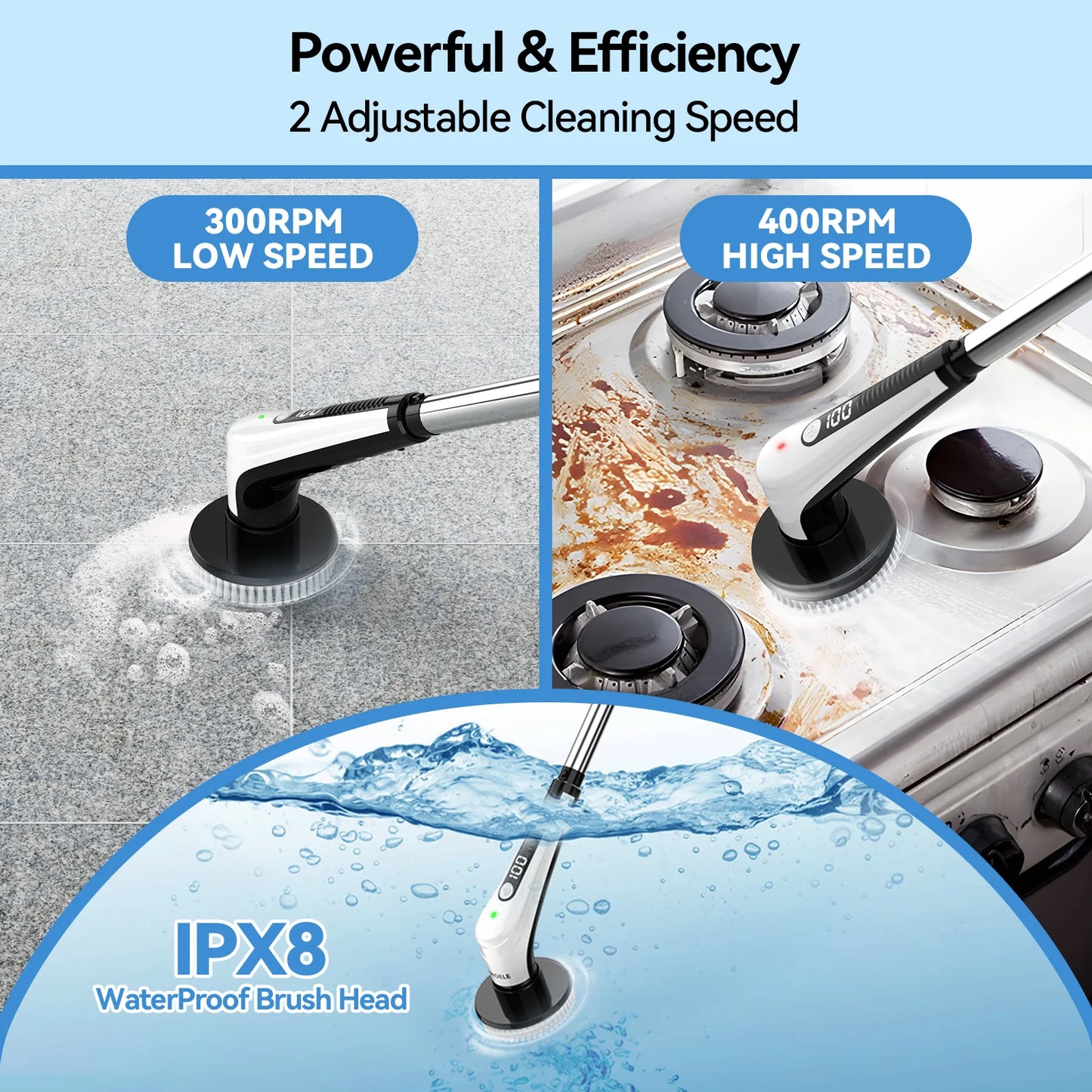Windele Electric Spin Scrubber, IPX8 Waterproof Cordless Cleaning Brush Scrubber with Power LCD Display, 10-in-1 Brush Heads- 4-Section Handle Electric Cleaning Brush for Bathroom, Tub, Floor, Car
