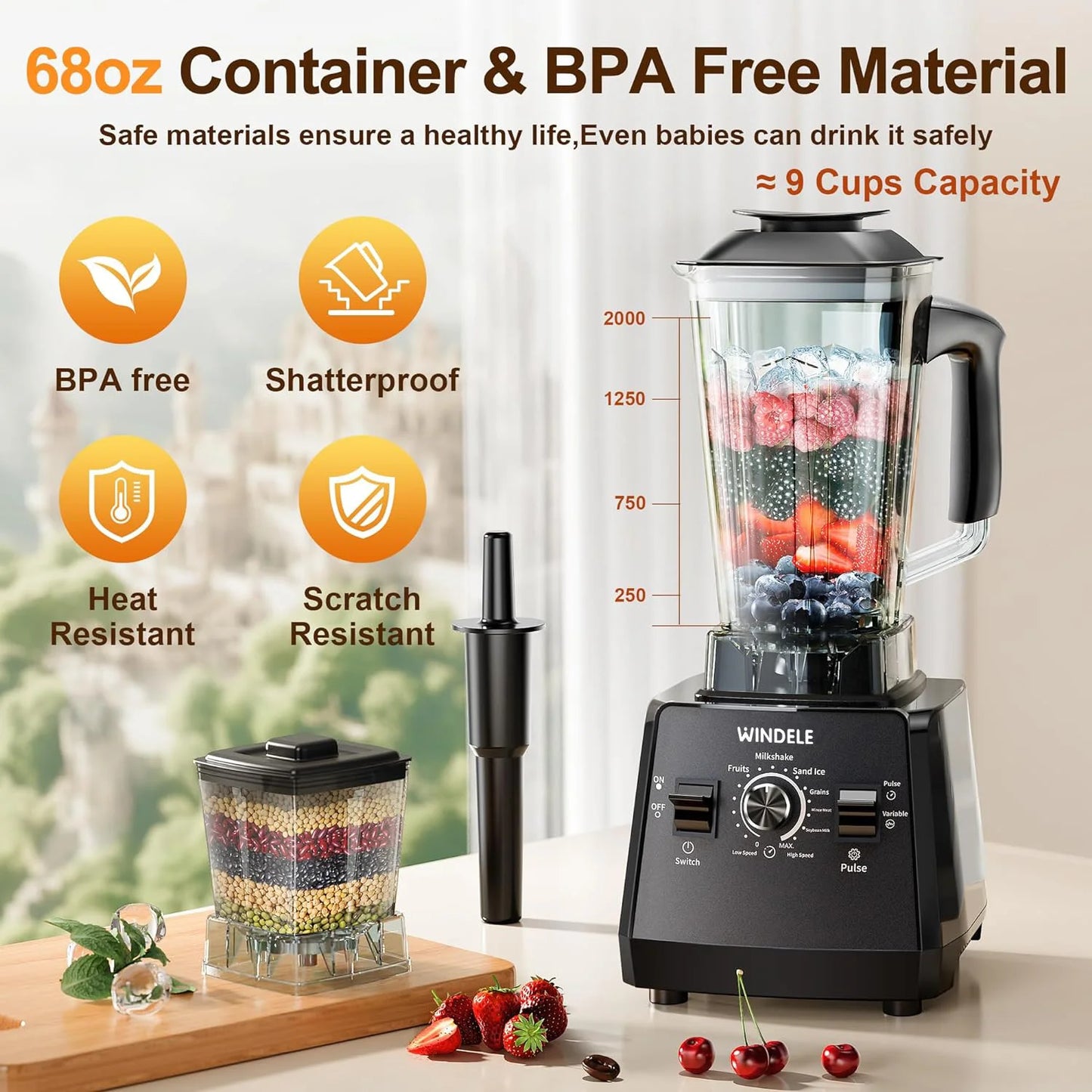 Professional Blender for Smoothies — 2025 EDITION (Upgraded and Improved Model) WINDELE Blender and Grinder Combo, Powerful 2400W/1000W, 25,000 RPM, 68oz BPA-Free, Ice Crushing