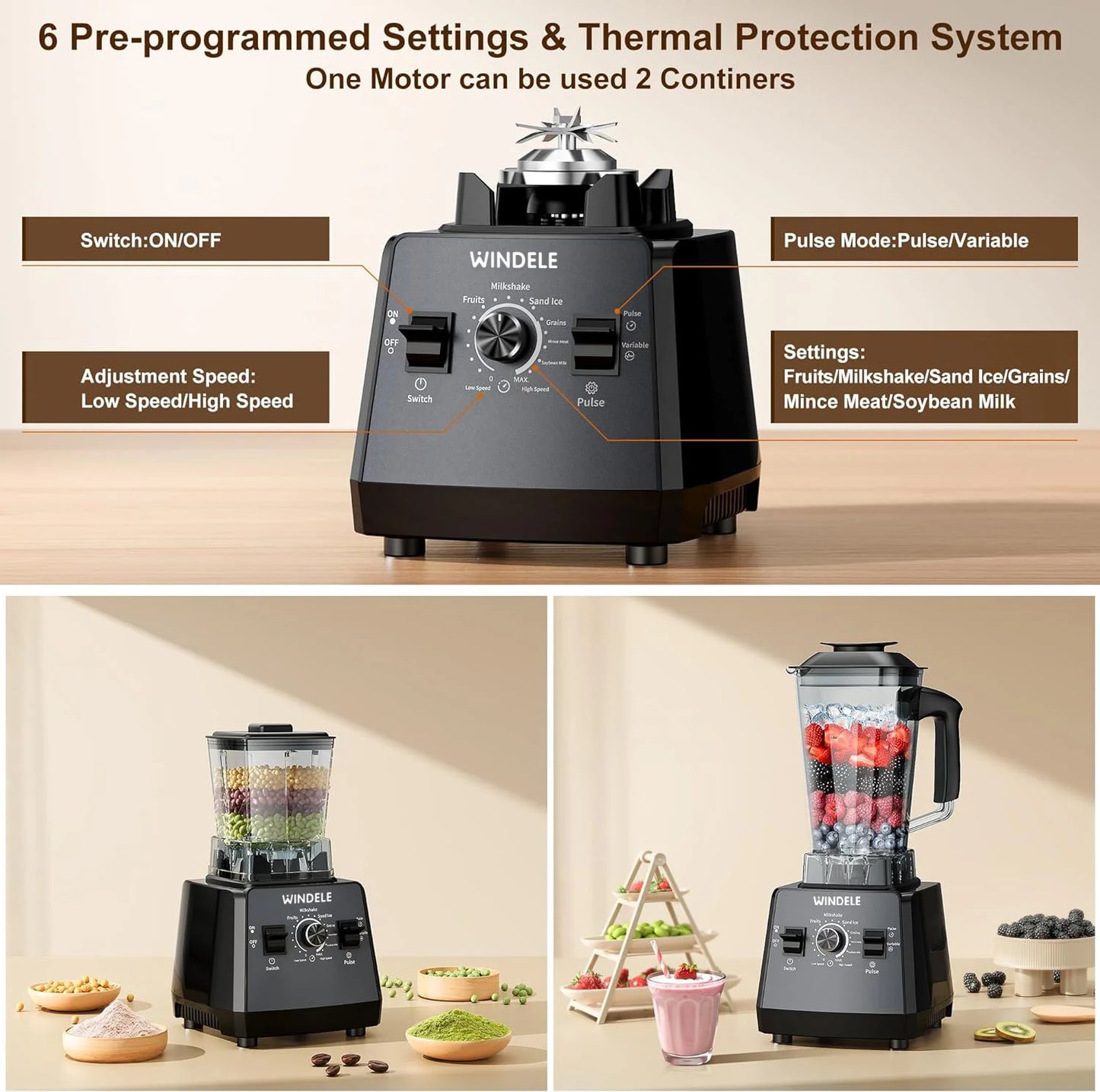 Professional Blender for Smoothies — 2025 EDITION (Upgraded and Improved Model) WINDELE Blender and Grinder Combo, Powerful 2400W/1000W, 25,000 RPM, 68oz BPA-Free, Ice Crushing
