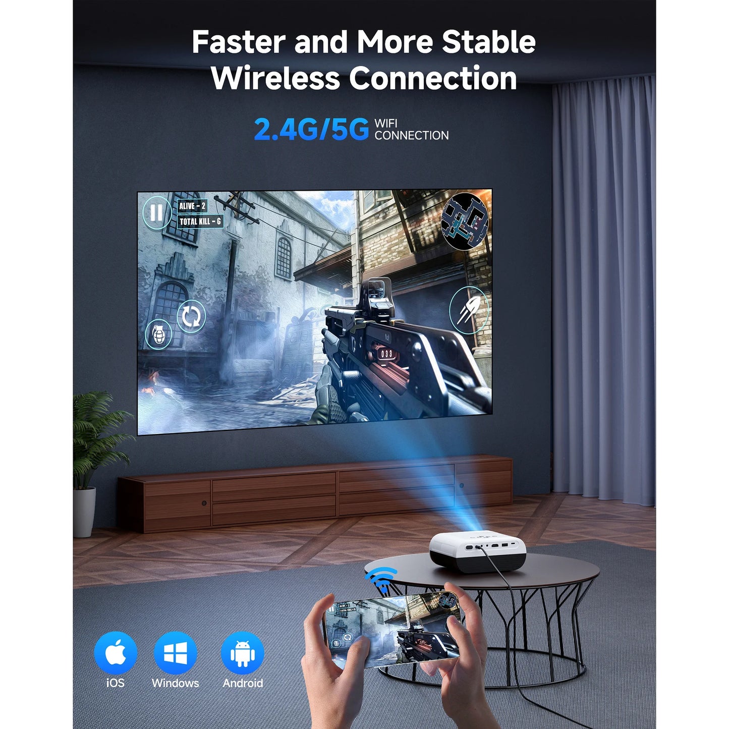 Windele M8 Upgraded Mini Projector with WIFI and Bluetooth, Native 1080P Video Projector, 5G WIFI Portable Outdoor Projector with 84" Screen, Home Theater Projector Compatible with HDMI/USB, White