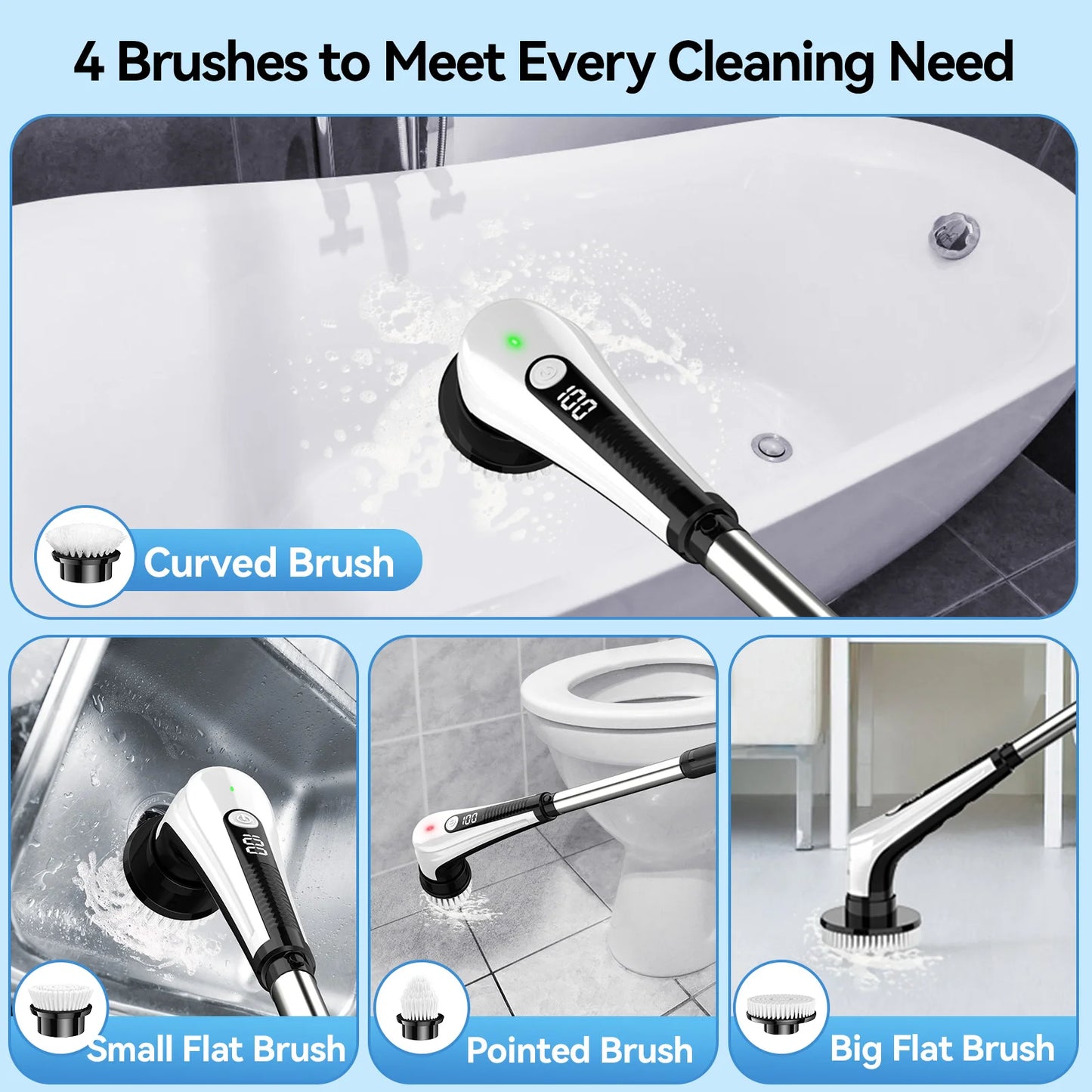 Windele Electric Spin Scrubber, IPX8 Waterproof Cordless Cleaning Brush Scrubber with Power LCD Display, 10-in-1 Brush Heads- 4-Section Handle Electric Cleaning Brush for Bathroom, Tub, Floor, Car