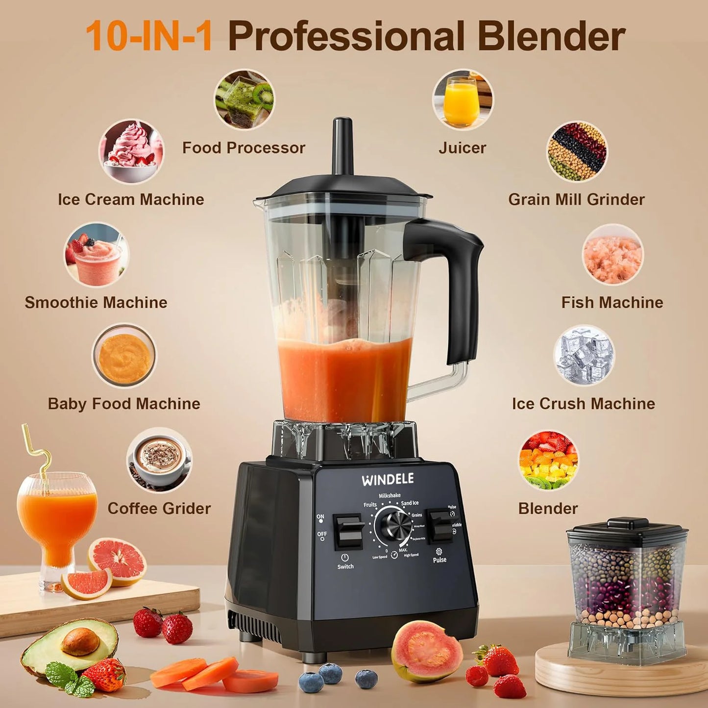 Professional Blender for Smoothies — 2025 EDITION (Upgraded and Improved Model) WINDELE Blender and Grinder Combo, Powerful 2400W/1000W, 25,000 RPM, 68oz BPA-Free, Ice Crushing