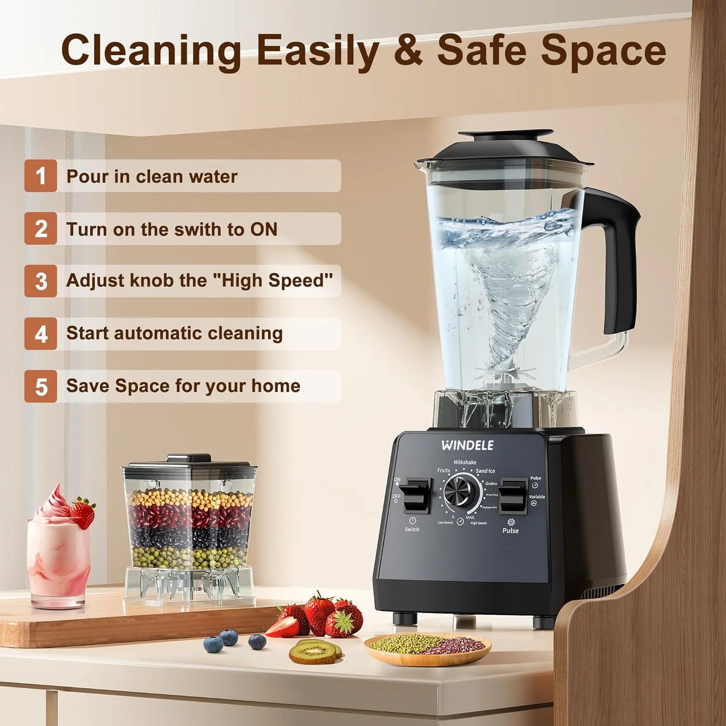 Professional Blender for Smoothies — 2025 EDITION (Upgraded and Improved Model) WINDELE Blender and Grinder Combo, Powerful 2400W/1000W, 25,000 RPM, 68oz BPA-Free, Ice Crushing
