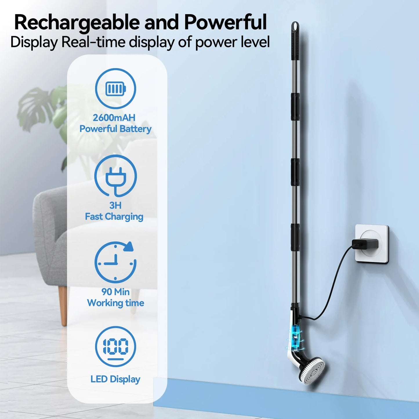 Windele Electric Spin Scrubber, IPX8 Waterproof Cordless Cleaning Brush Scrubber with Power LCD Display, 10-in-1 Brush Heads- 4-Section Handle Electric Cleaning Brush for Bathroom, Tub, Floor, Car