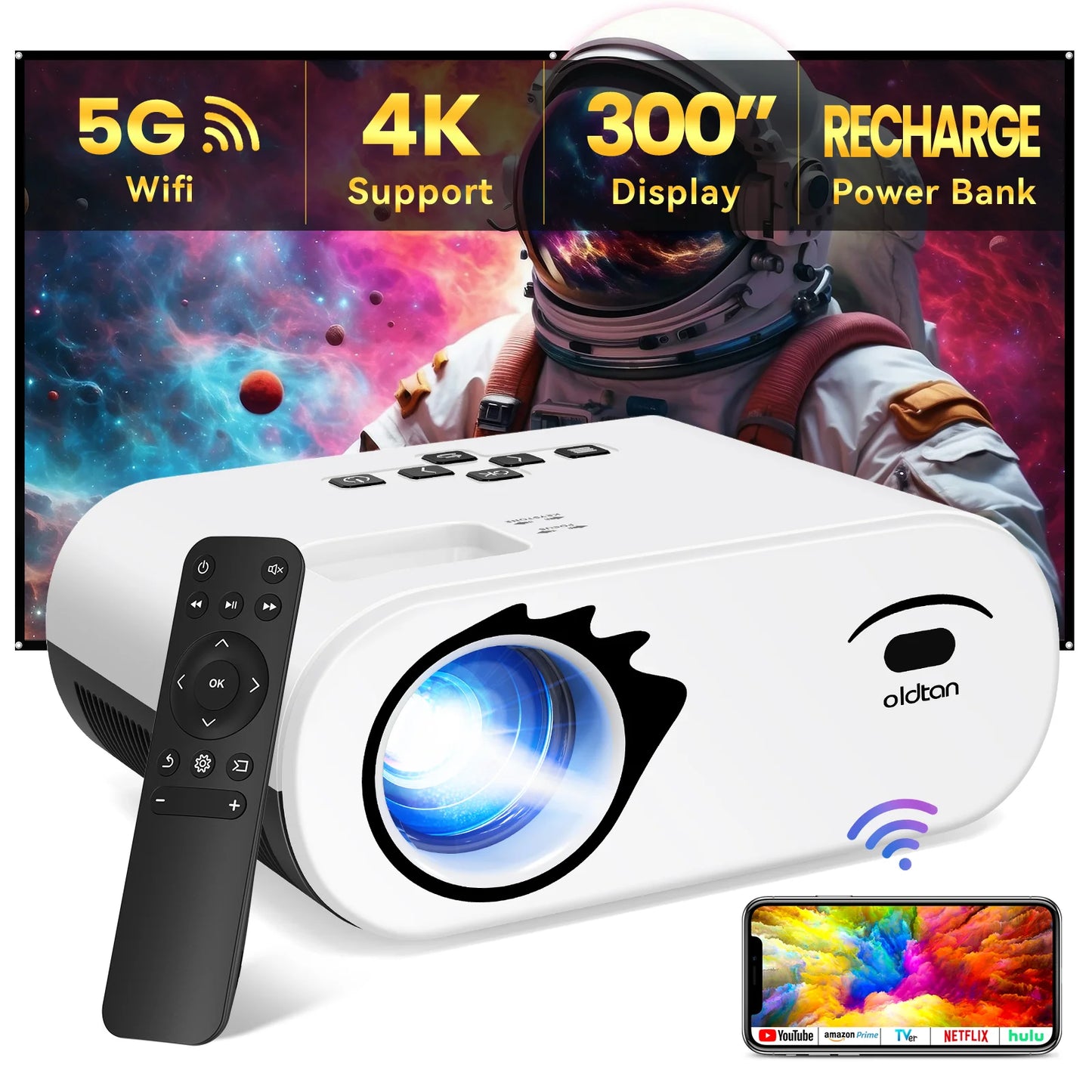 [USB-C Power Bank Support] oldtan 5G WIFI Bluetooth Projector,HD 4K Support Native 1080P Portable Outdoor Projector for Home Theater (Projector Screen Include)