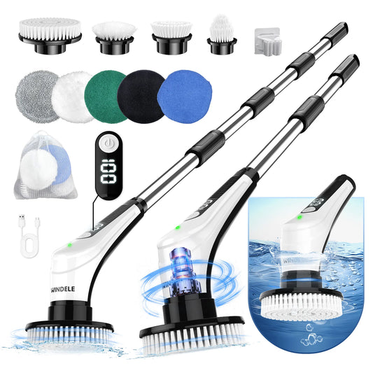 Windele Electric Spin Scrubber, IPX8 Waterproof Cordless Cleaning Brush Scrubber with Power LCD Display, 10-in-1 Brush Heads- 4-Section Handle Electric Cleaning Brush for Bathroom, Tub, Floor, Car