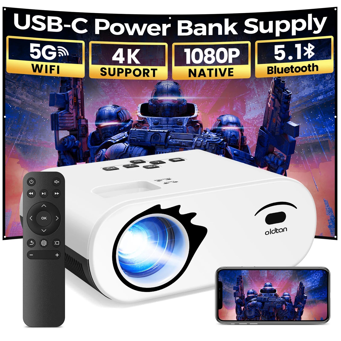 [USB-C Power Bank Supply] oldtan Projector with WIFI and Bluetooth, 4K Mini Portable for Outdoor