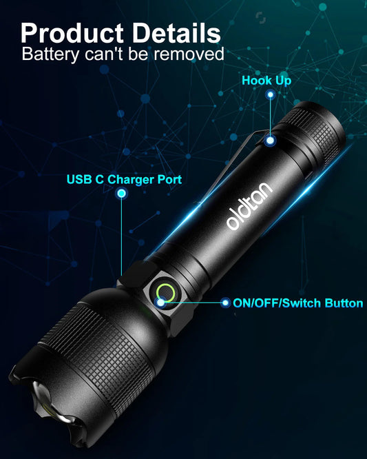 Oldtan Flash Lights, Rechargeable 7 Modes with 990,000 Lumens, Metal flashlight for Outdoor(2 Pack)