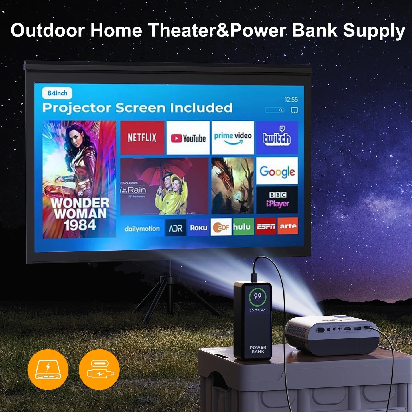 [USB-C Power Bank Supply] oldtan Projector with WIFI and Bluetooth, 4K Mini Portable for Outdoor