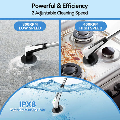 Windele Electric Spin Scrubber, IPX8 Waterproof Cordless Cleaning Brush Scrubber with Power LCD Display, 10-in-1 Brush Heads- 4-Section Handle Electric Cleaning Brush for Bathroom, Tub, Floor, Car