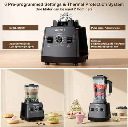 Professional Blender for Smoothies — 2025 EDITION (Upgraded and Improved Model) WINDELE Blender and Grinder Combo, Powerful 2400W/1000W, 25,000 RPM, 68oz BPA-Free, Ice Crushing