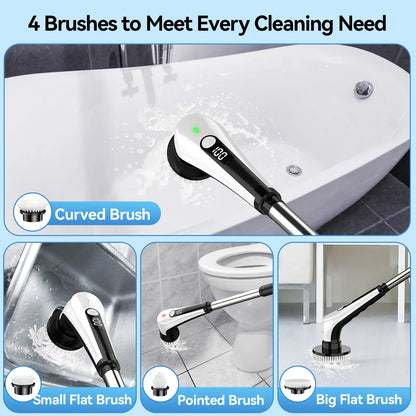 Windele Electric Spin Scrubber, IPX8 Waterproof Cordless Cleaning Brush Scrubber with Power LCD Display, 10-in-1 Brush Heads- 4-Section Handle Electric Cleaning Brush for Bathroom, Tub, Floor, Car