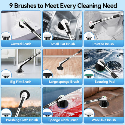 Windele Electric Spin Scrubber, IPX8 Waterproof Cordless Cleaning Brush Scrubber with Power LCD Display, 10-in-1 Brush Heads- 4-Section Handle Electric Cleaning Brush for Bathroom, Tub, Floor, Car