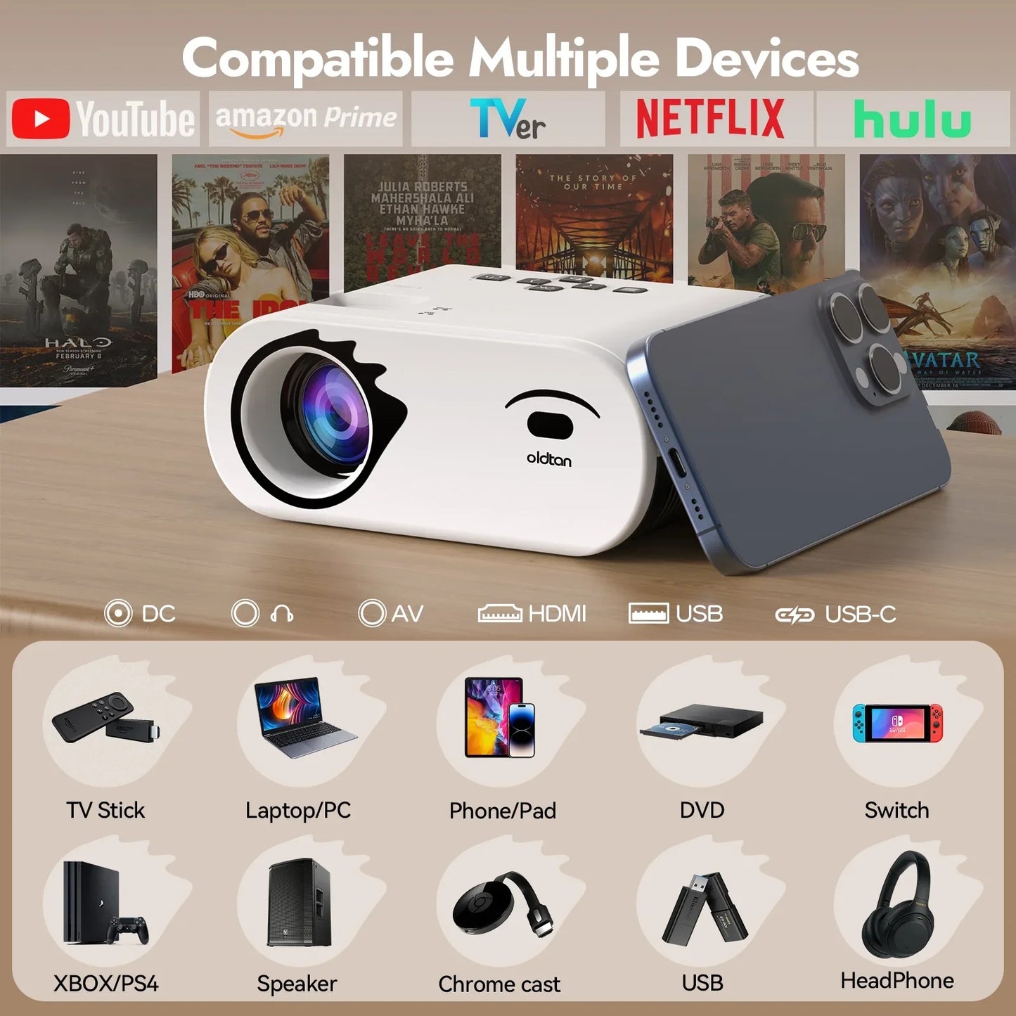 [USB-C Power Bank Supply] oldtan Projector with WIFI and Bluetooth, 4K Mini Portable for Outdoor